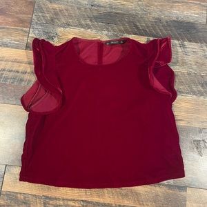 Zara Red Velvet Crop Ruffled Sleeve Top Blouse size Large